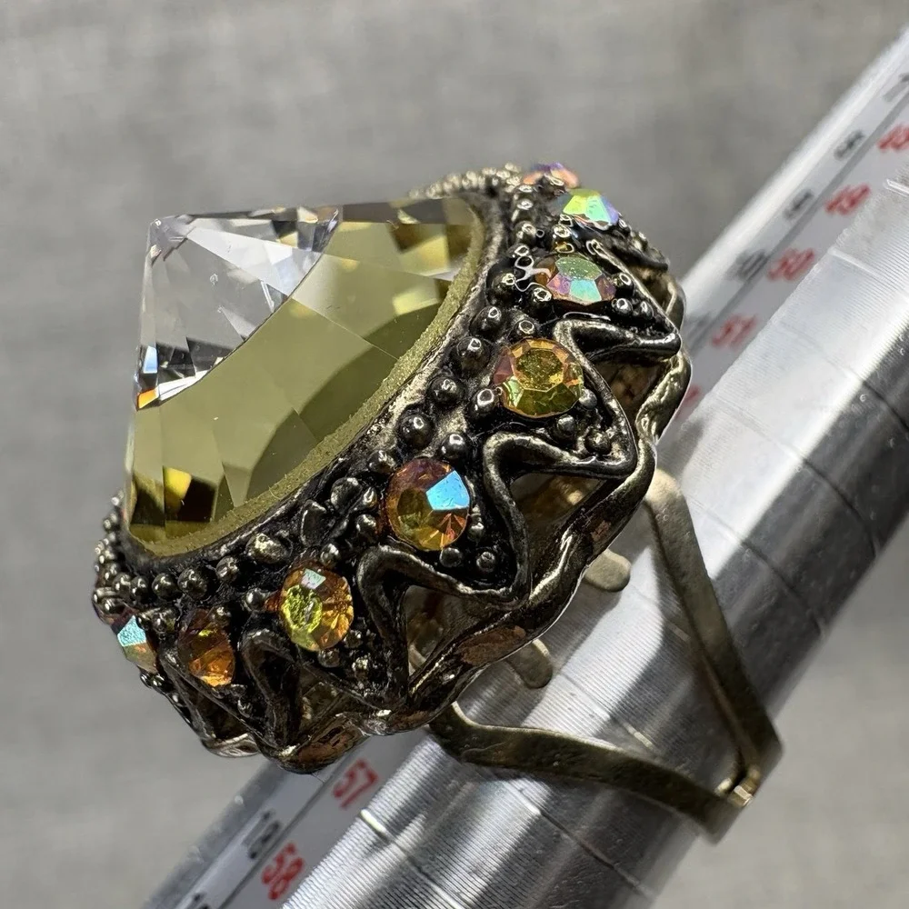 Vintage Style Large Yellow Glass Statement Ring AB Rhinestones Antique Gold Tone